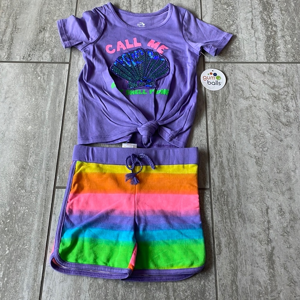 pair of size 24 call me on my shell phone purple top & rainbow shorts for girls